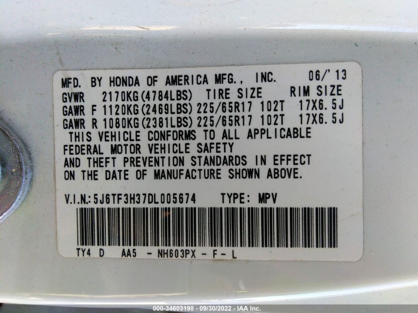2013 HONDA CROSSTOUR EX 5J6TF3H37DL005674