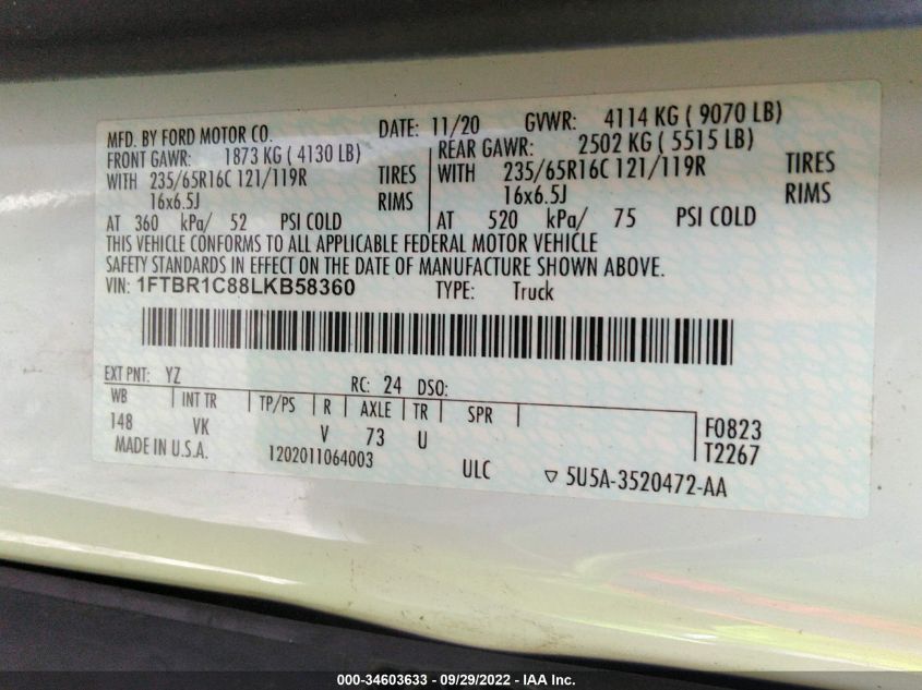 2020 FORD TRANSIT CARGO VAN 1FTBR1C88LKB58360
