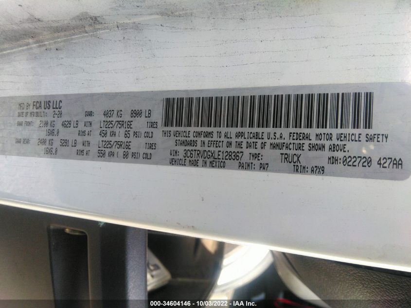 2020 RAM PROMASTER CARGO VAN 3C6TRVDGXLE128367