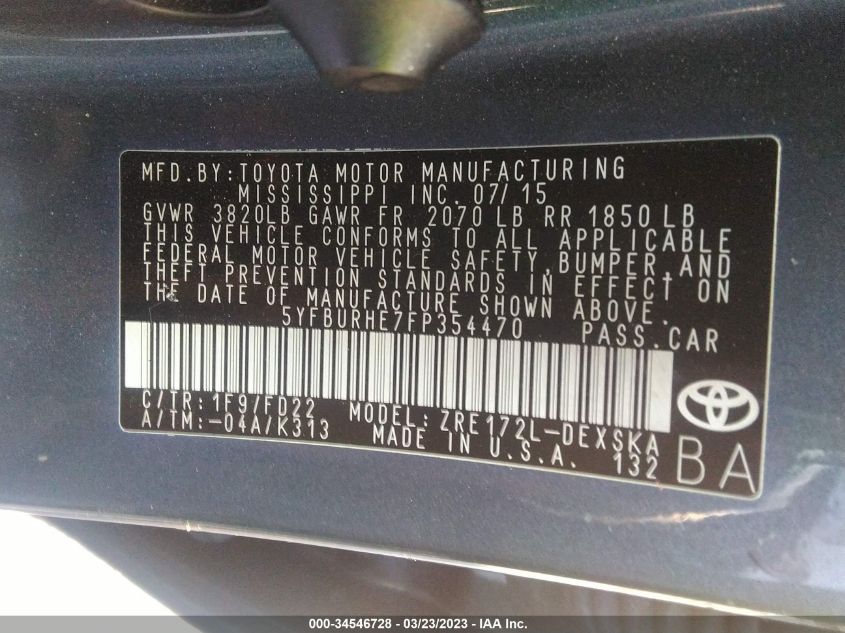 2015 TOYOTA COROLLA L/LE/S/S PLUS/LE PLUS - 5YFBURHE7FP354470