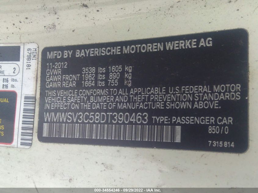 2013 MINI COOPER HARDTOP S WMWSV3C58DT390463