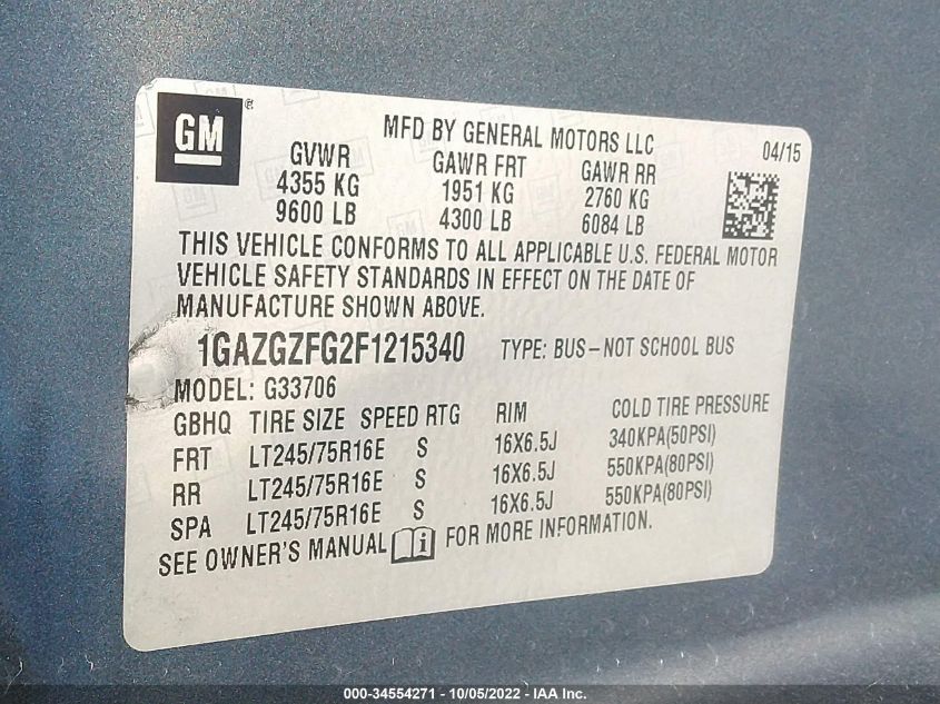 2015 CHEVROLET EXPRESS PASSENGER LS 1GAZGZFG2F1215340