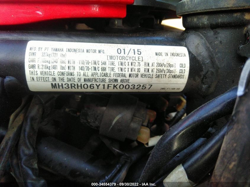 2015 YAMAHA YZFR3 MH3RH06Y1FK003257
