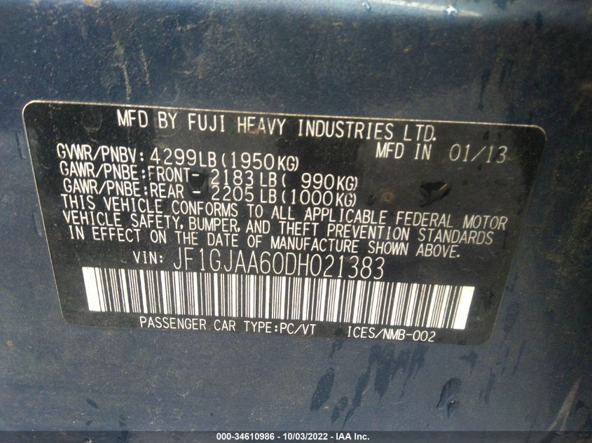 2013 SUBARU IMPREZA SEDAN - JF1GJAA60DH021383