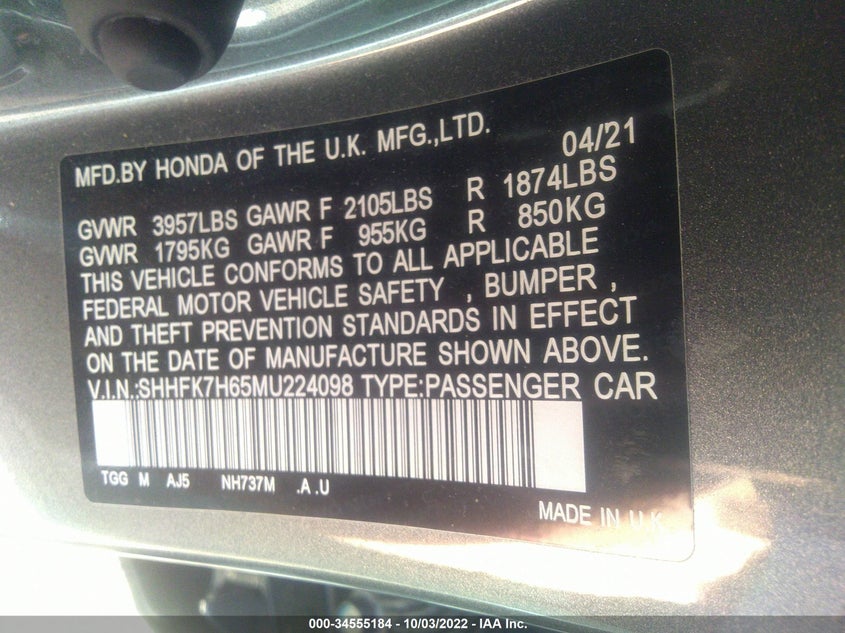 VIN SHHFK7H65MU224098 2021 HONDA CIVIC HATCHBACK EX