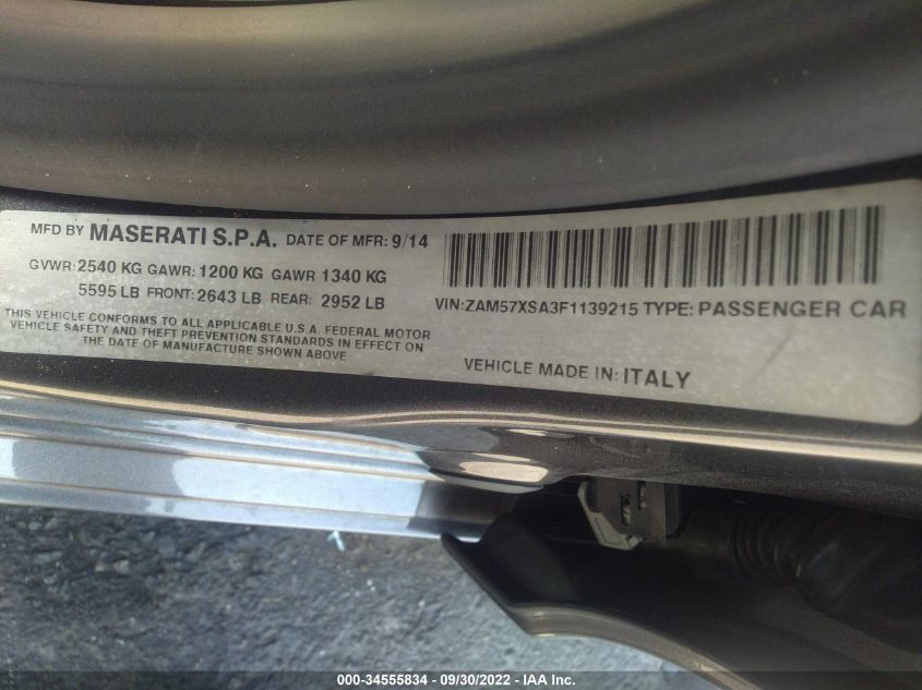 2015 MASERATI GHIBLI ZAM57XSA3F1139215