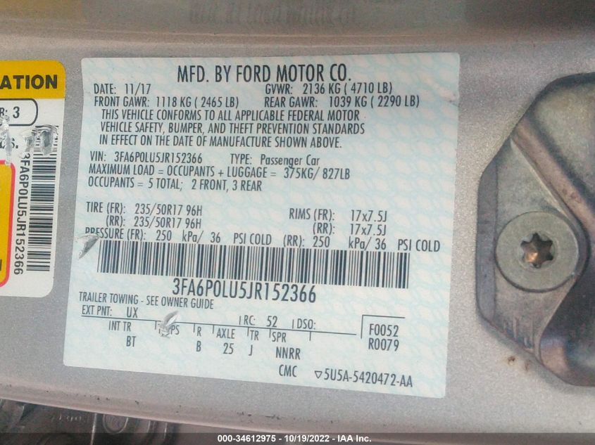 2018 FORD FUSION HYBRID SE 3FA6P0LU5JR152366
