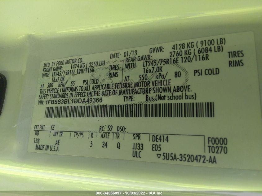 2013 FORD ECONOLINE WAGON XL/XLT 1FBSS3BL1DDA49366