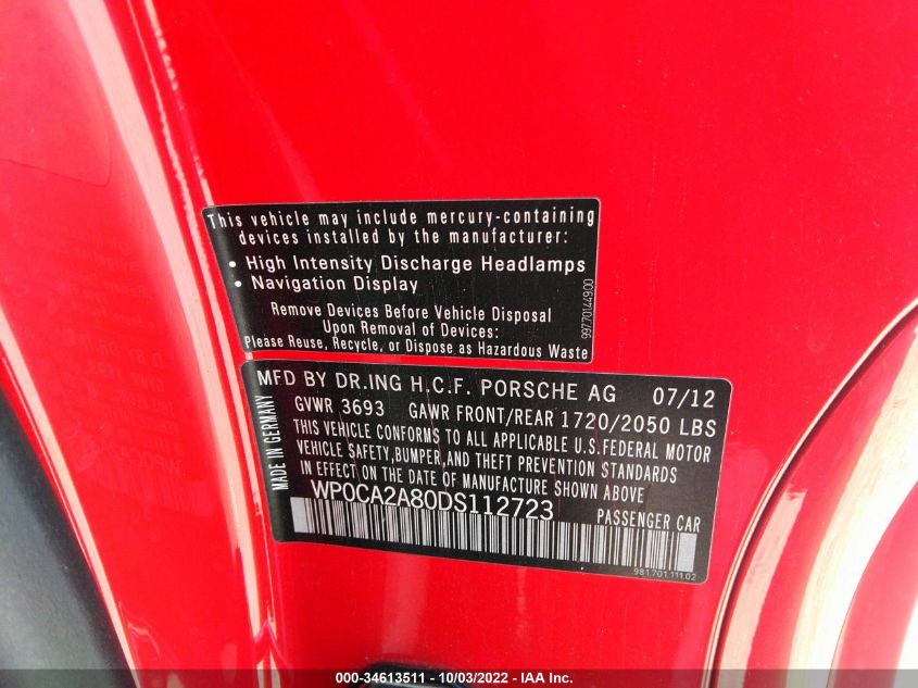 2013 PORSCHE BOXSTER WP0CA2A80DS112723