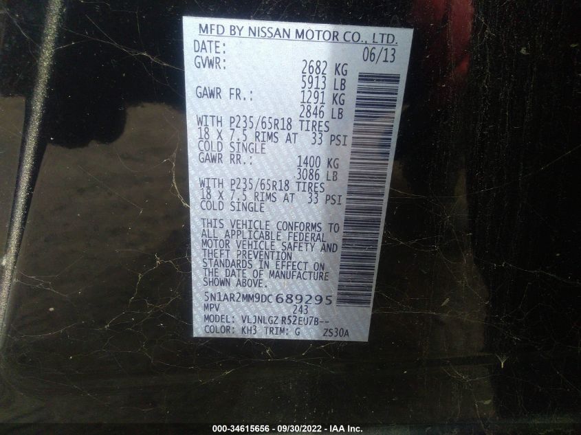 2013 NISSAN PATHFINDER SL 5N1AR2MM9DC689295