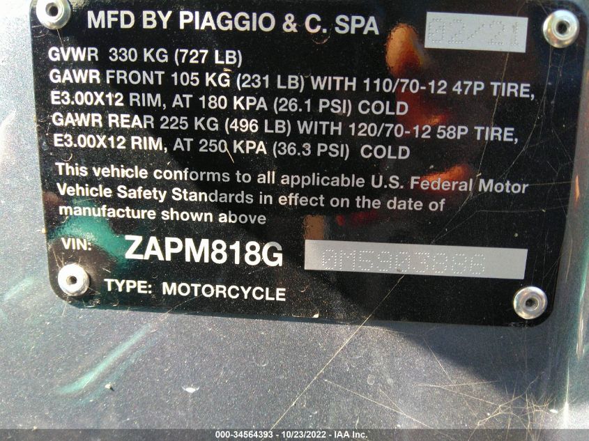2021 VESPA PRIMAVERA ZAPM818G0M5903886