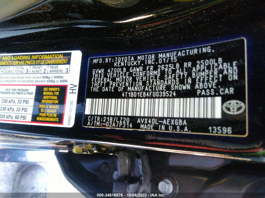 2015 TOYOTA AVALON HYBRID XLE TOURING/LIMITED 4T1BD1EB4FU039524