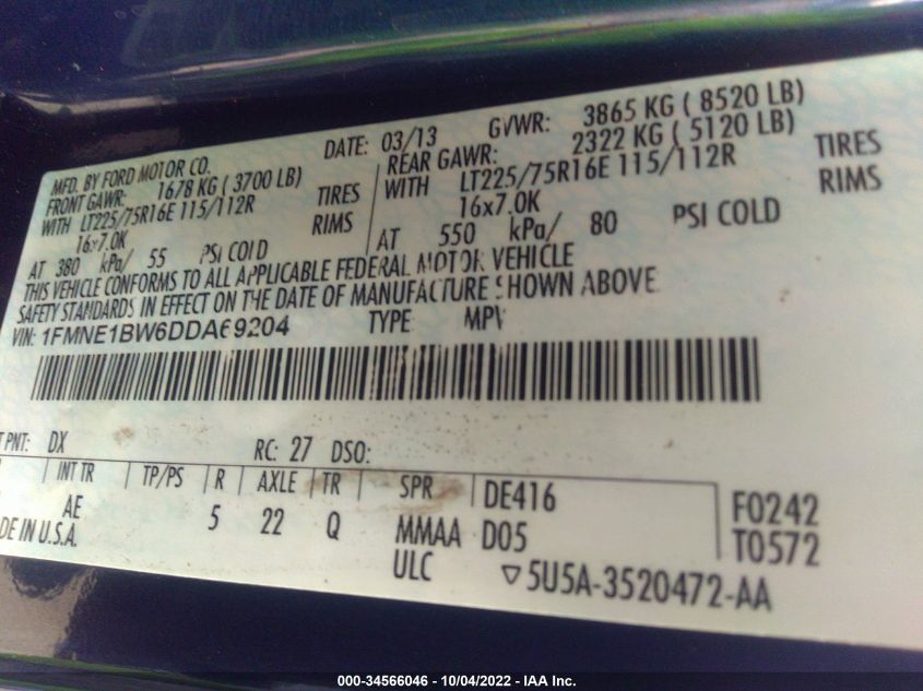 2013 FORD ECONOLINE WAGON XL 1FMNE1BW6DDA69204