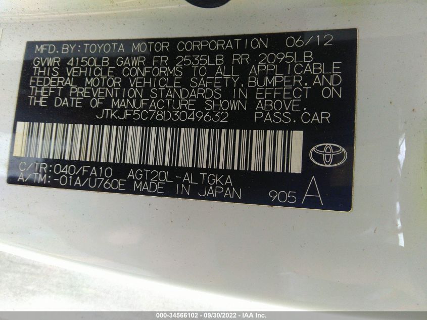 2013 TOYOTA SCION TC JTKJF5C78D3049632