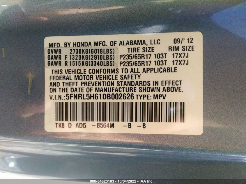 VIN 5FNRL5H61DB002626 2013 HONDA ODYSSEY no.9