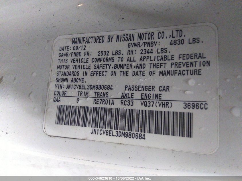 2013 INFINITI G37X - JN1CV6EL3DM980684