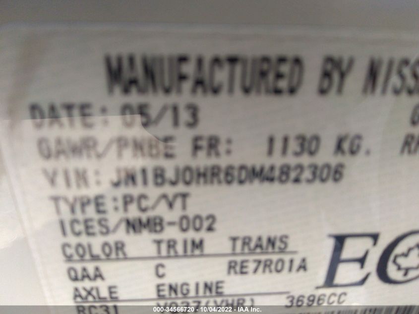 2013 INFINITI EX37 JN1BJ0HR6DM482306