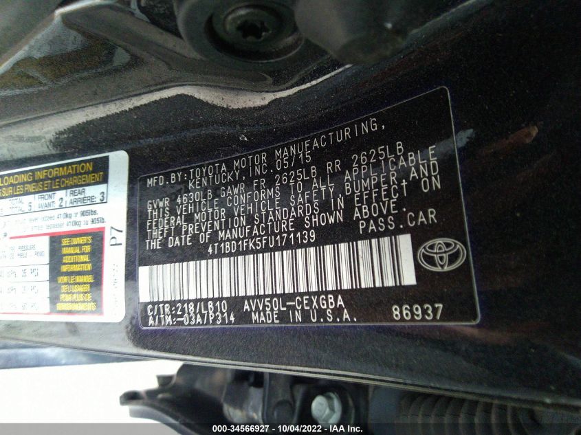 2015 TOYOTA CAMRY HYBRID LE/XLE/SE 4T1BD1FK5FU171139