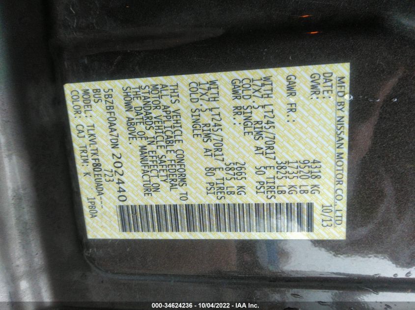 2013 NISSAN NVP SV 5BZBF0AA7DN202440