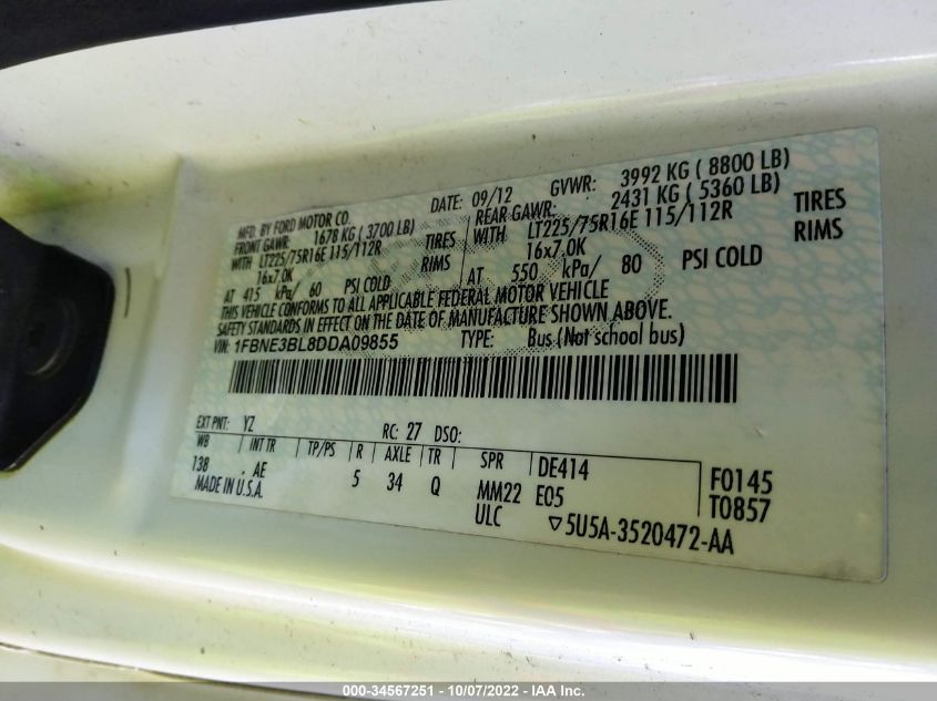 2013 FORD ECONOLINE WAGON XL/XLT 1FBNE3BL8DDA09855