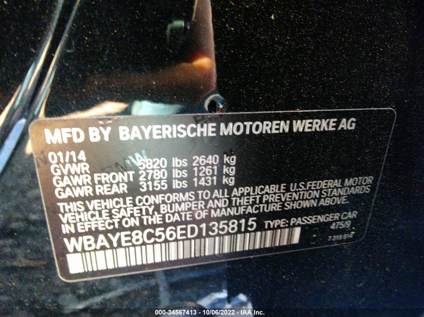 2014 BMW 7 SERIES 750LI WBAYE8C56ED135815