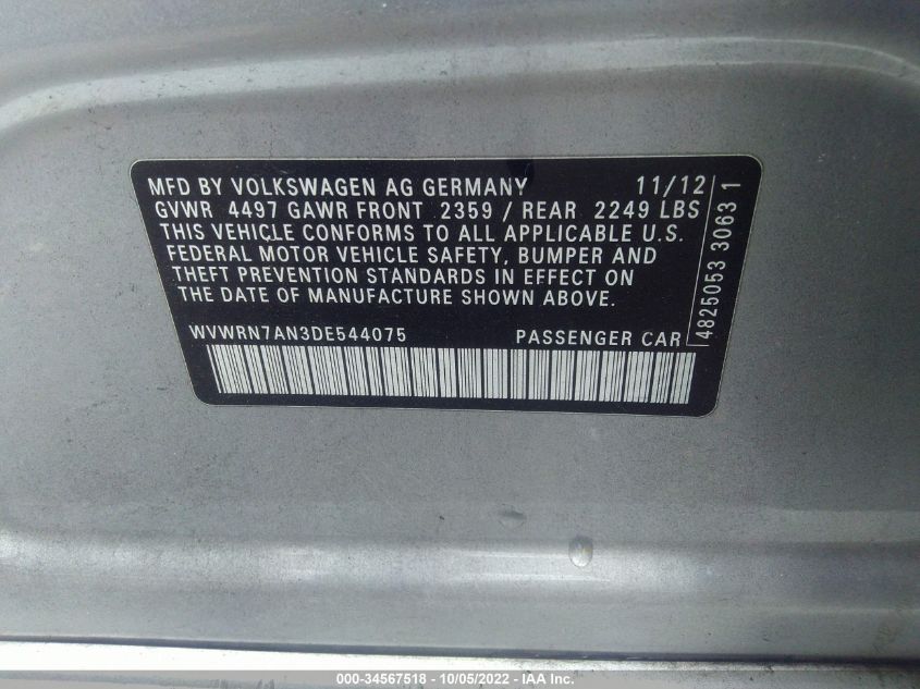 2013 VOLKSWAGEN CC LUX WVWRN7AN3DE544075