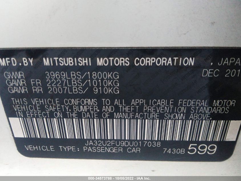 2013 MITSUBISHI LANCER ES JA32U2FU9DU017038