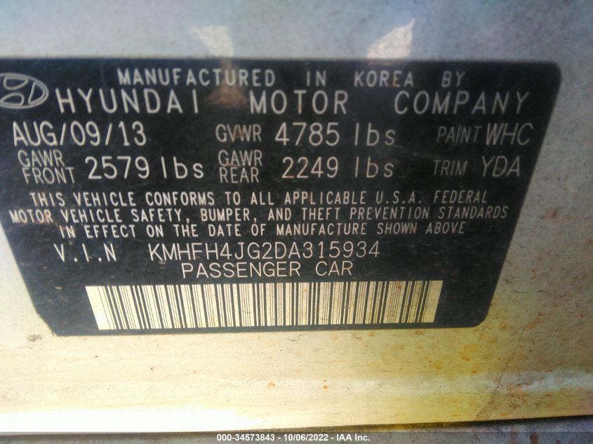 2013 HYUNDAI AZERA KMHFH4JG2DA315934