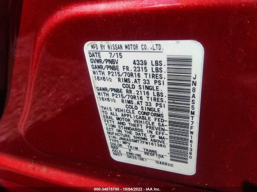 2015 NISSAN ROGUE SELECT S JN8AS5MT7FW161360