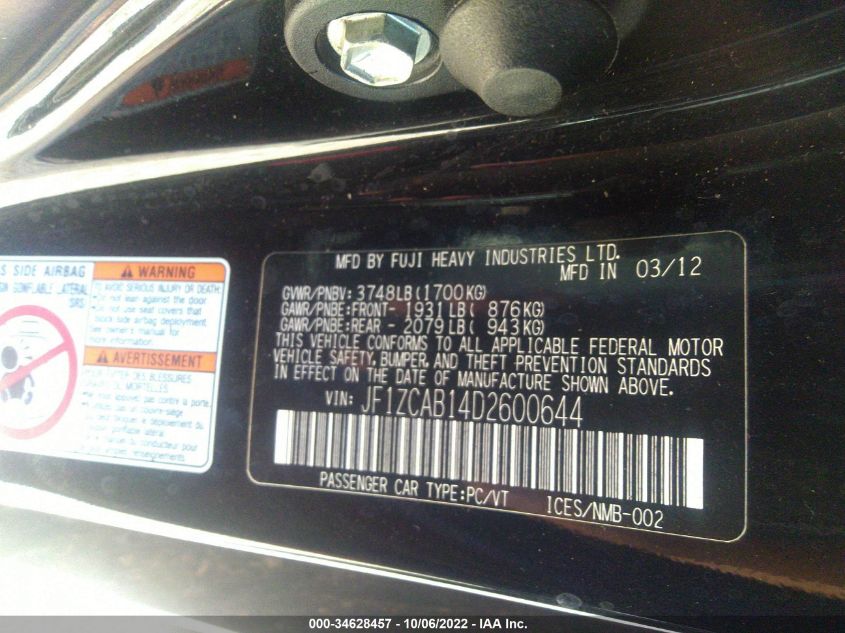 2013 SUBARU BRZ PREMIUM - JF1ZCAB14D2600644
