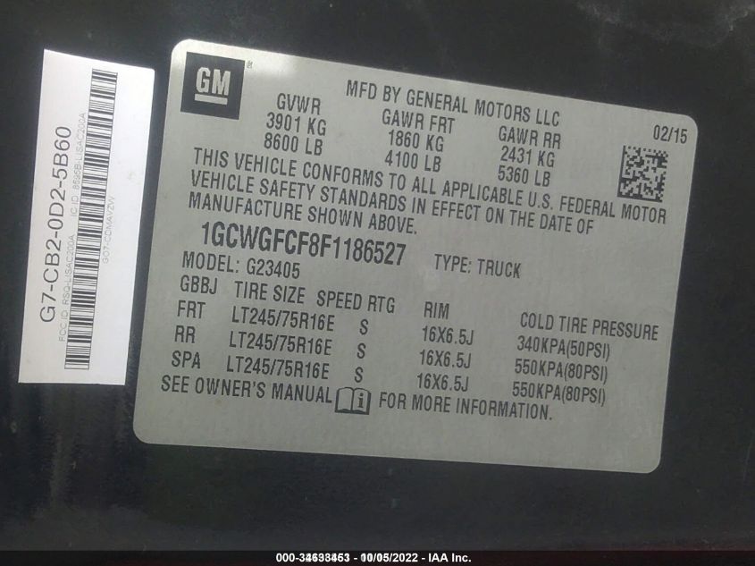 2015 CHEVROLET EXPRESS CARGO VAN 1GCWGFCF8F1186527