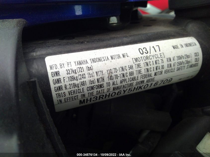 2017 YAMAHA YZFR3 MH3RH06Y5HK016709