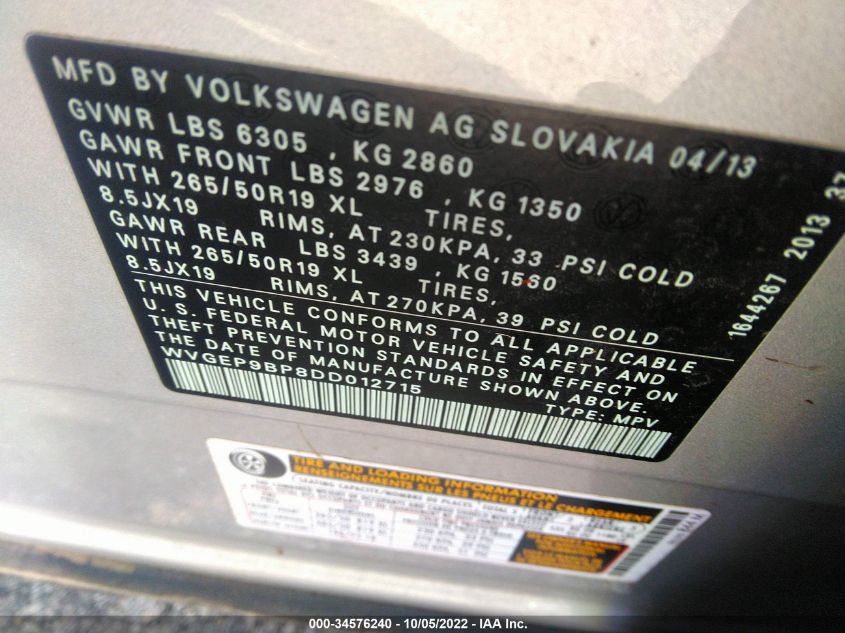 2013 VOLKSWAGEN TOUAREG LUX WVGEP9BP8DD012715