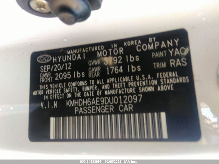 2013 HYUNDAI ELANTRA COUPE GS PZEV KMHDH6AE9DU012097