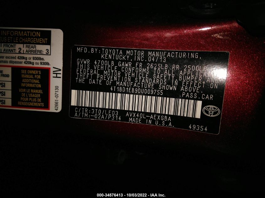 2013 TOYOTA AVALON HYBRID XLE PREMIUM 001BD1EB9DU009755