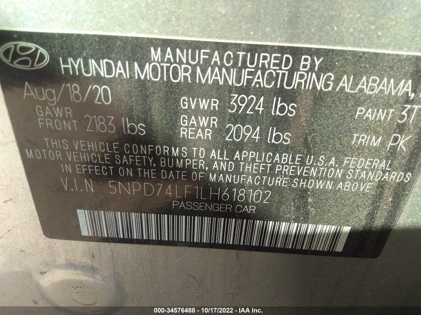 VIN 5NPD74LF1LH618102 2020 HYUNDAI ELANTRA SE