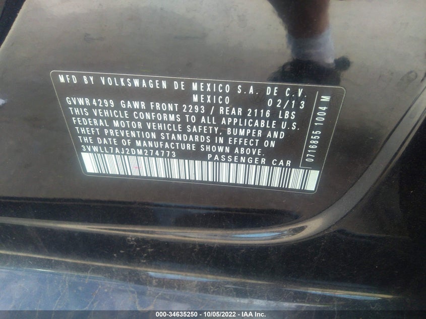2013 VOLKSWAGEN JETTA SEDAN VIN: 3VWLL7AJ2DM274773