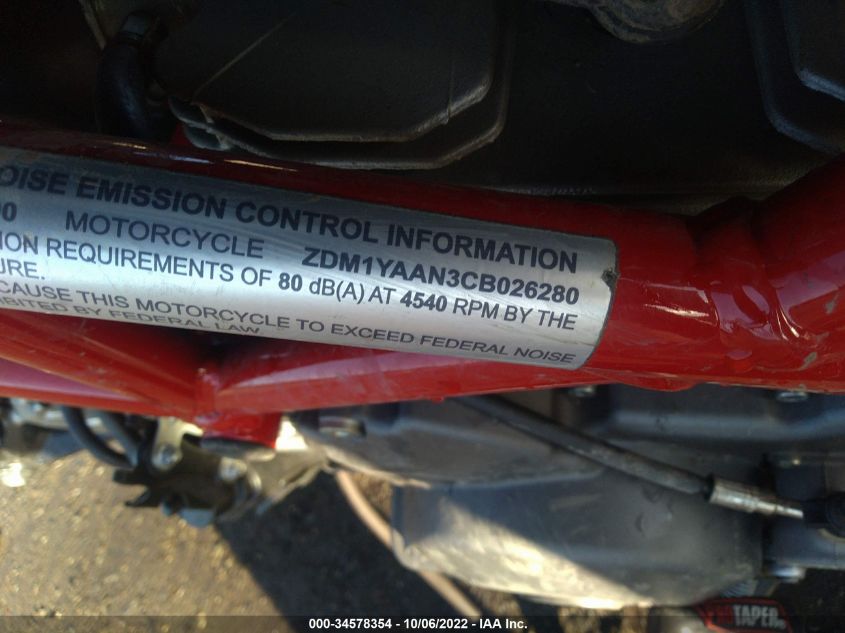 2012 DUCATI HYPERMOTARD 796 ZDM1YAAN3CB026280