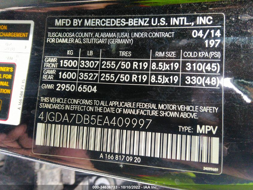2014 MERCEDES-BENZ M-CLASS ML 550 4JGDA7DB5EA409997