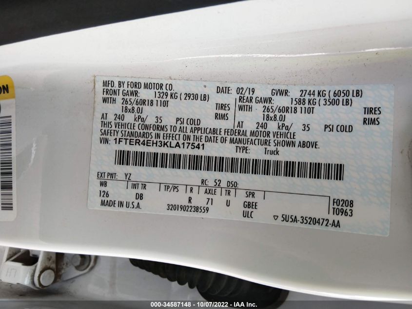 2019 FORD RANGER XL/XLT/LARIAT 1FTER4EH3KLA17541