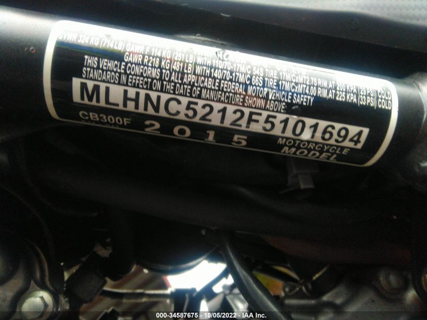 2015 HONDA CB300 F MLHNC5212F5101694