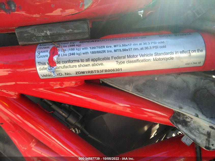 2015 DUCATI MONSTER 821 ZDM1RBTS3FB006301