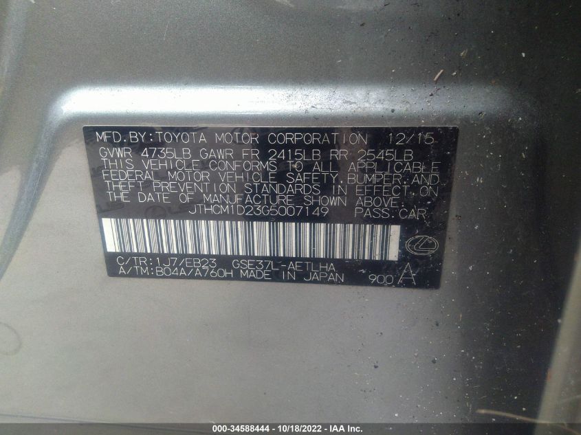 2016 LEXUS IS 300 JTHCM1D23G5007149