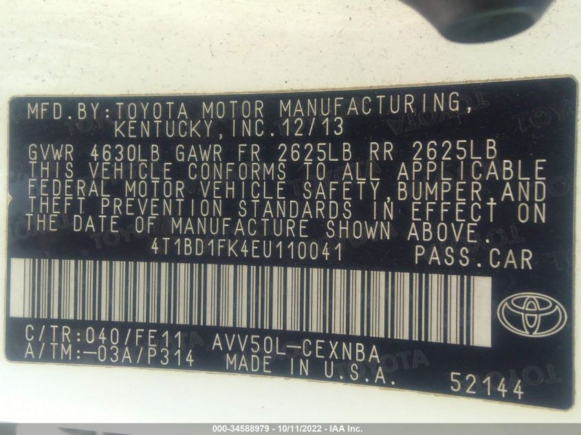 2014 TOYOTA CAMRY HYBRID LE/XLE/SE LIMITED EDITION 4T1BD1FK4EU110041