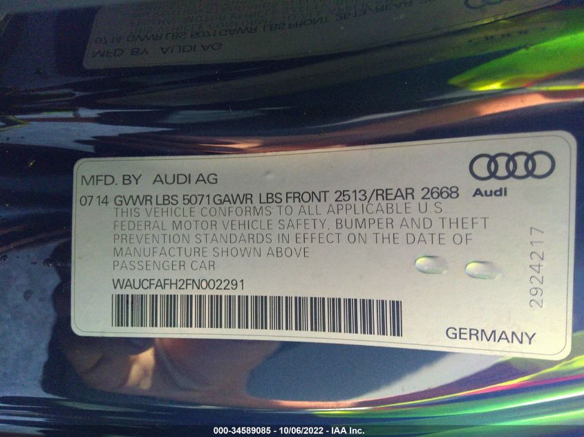 2015 AUDI A5 PREMIUM WAUCFAFH2FN002291