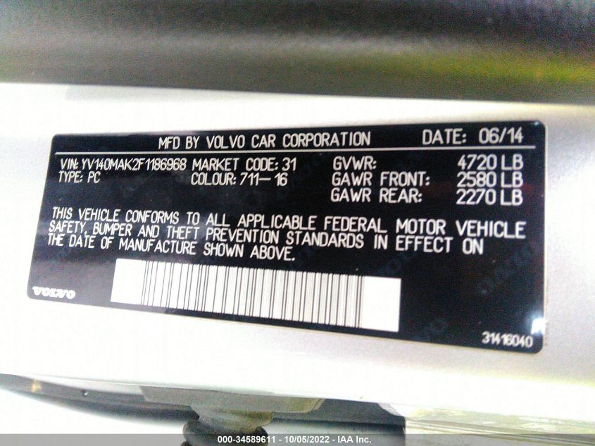 2015 VOLVO S80 T5 DRIVE-E YV140MAK2F1186968