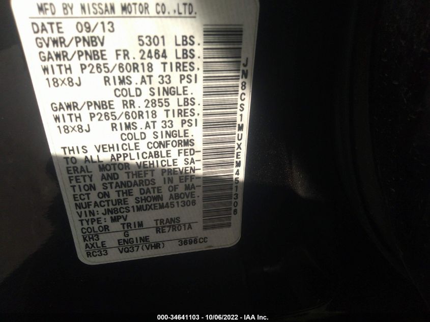 2014 INFINITI QX70 JN8CS1MUXEM451306