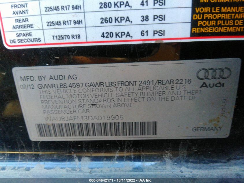 2013 AUDI A3 PREMIUM WAUBJAFM3DA019905