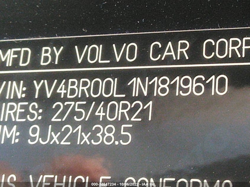 2022 VOLVO XC90 RECHARGE INSCRIPTION YV4BR00L1N1819610