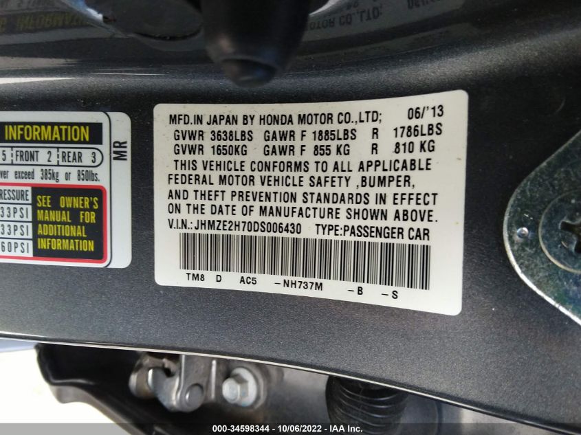 2013 HONDA INSIGHT EX JHMZE2H70DS006430